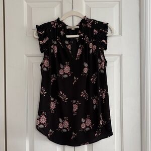 Loft Floral Black and Pink Ruffle Cap Sleeve Blouse